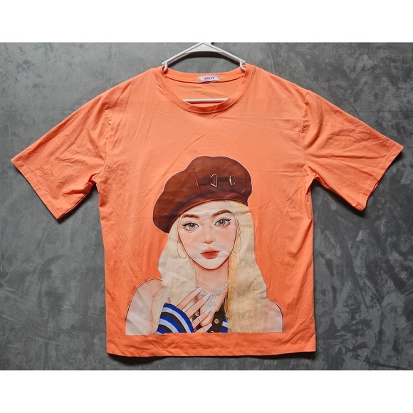 Yessy Tops - Yessy Orange Graphic Tee Girl in Beret Short Sleeve Shirt Relaxed Fit